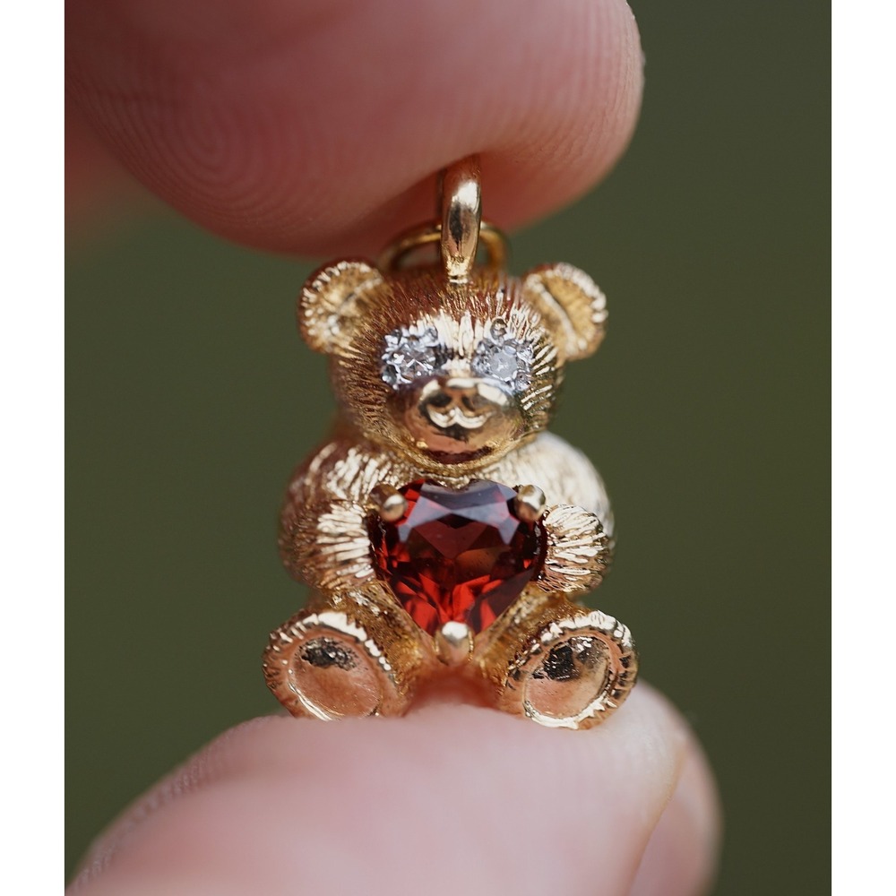 Vintage 10k Solid Yellow Gold Natural Diamond Garnet Teddy Bear Charm Pendant